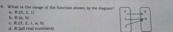 4. What is the range of the function shown by the diagram? a. R: 3,2,1 b. R: a,b c. R: 3,2,1,a,b d. R: a11 real numbers