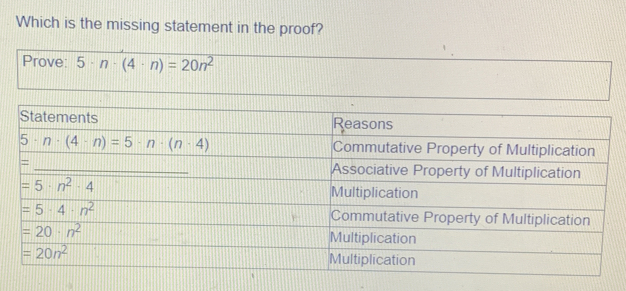 Which is the missing statement in the proof? Prove: 5 . n . 4 . n=20n2