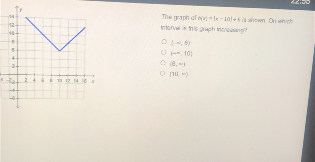 The graph of hx=|x-10|+6 is shown. On which interval is this graph increasing? - ∈ fty ,6 - ∈ fty ,10 6, ∈ fty 10, ∈ fty 4