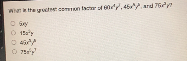 What is the greatest common factor of 60x4y7 45x5y5 , and 75x3y 5xy 15x3y 45x3y5 75x5y7