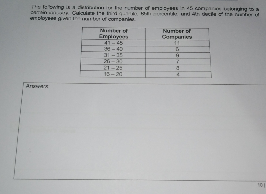 The following is a distribution for the number of employees in 45 companies belonging to a certain industry. Calculate the third quartile, 85th percentile, and 4th decile of the number of employees given the number of companies. Answers: 10 |