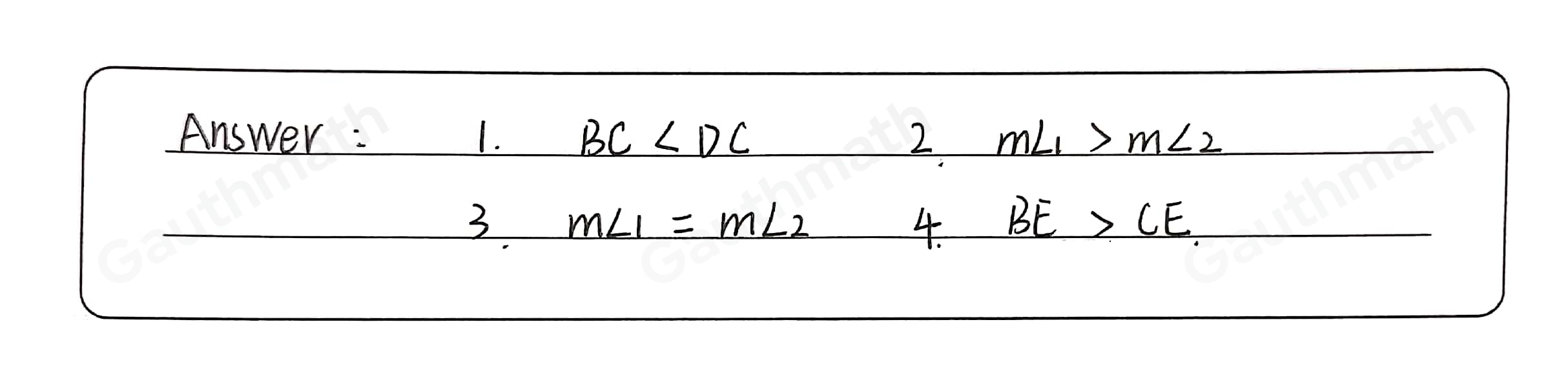 Complete the statement with > < or =. 1. BC_DC 3. 2. mangle 1 mangle 2 4. BECE