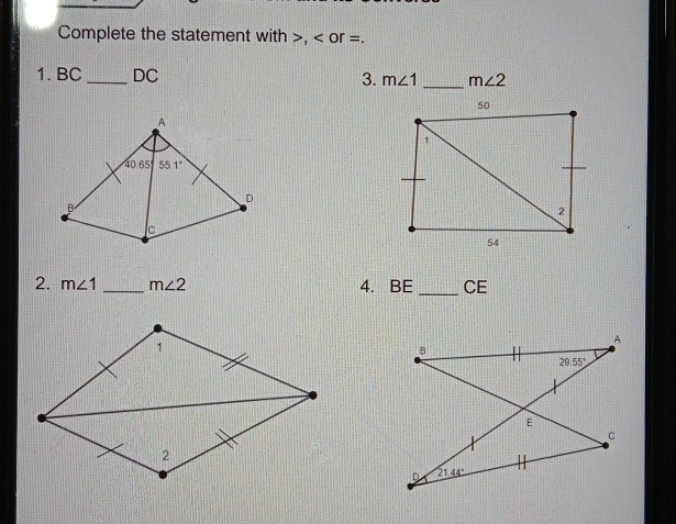 Complete the statement with > < or =. 1. BC_DC 3. 2. mangle 1 mangle 2 4. BECE